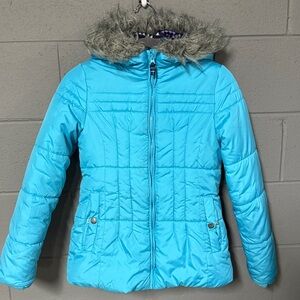 London Fog Blue Puffer Jacket with Faux Fur Hood
